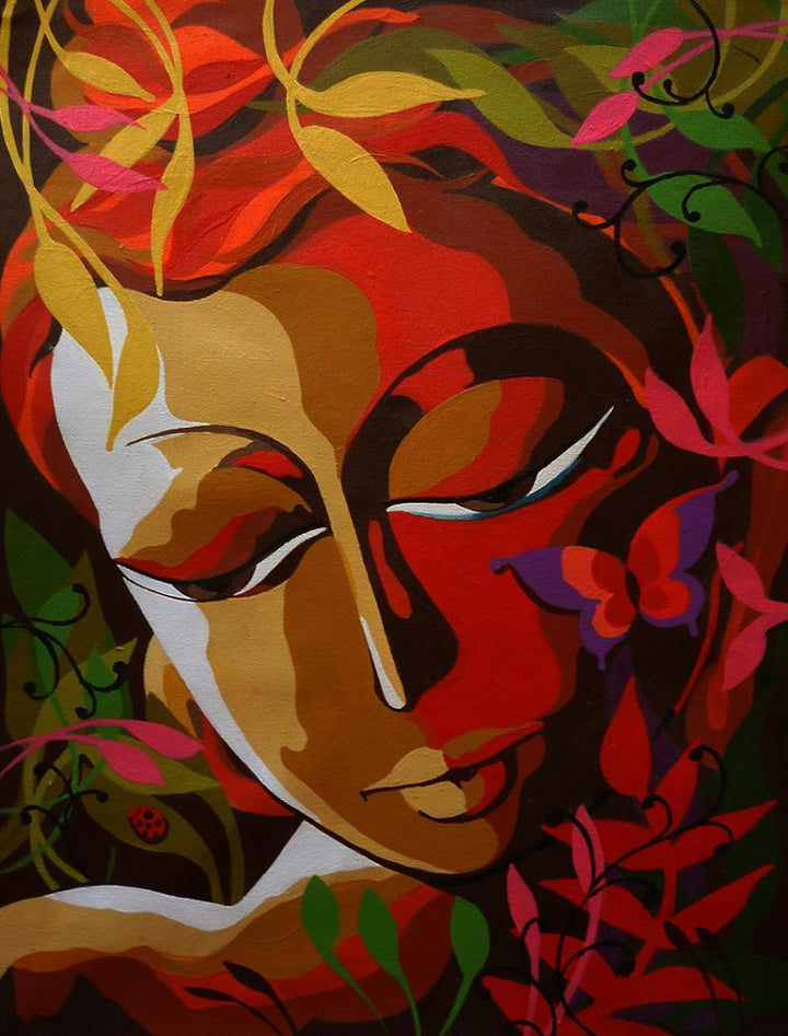 Religious acrylic painting titled 'Krishna I', 15x13 inches, by artist Dhananjay Mukherjee on Canvas