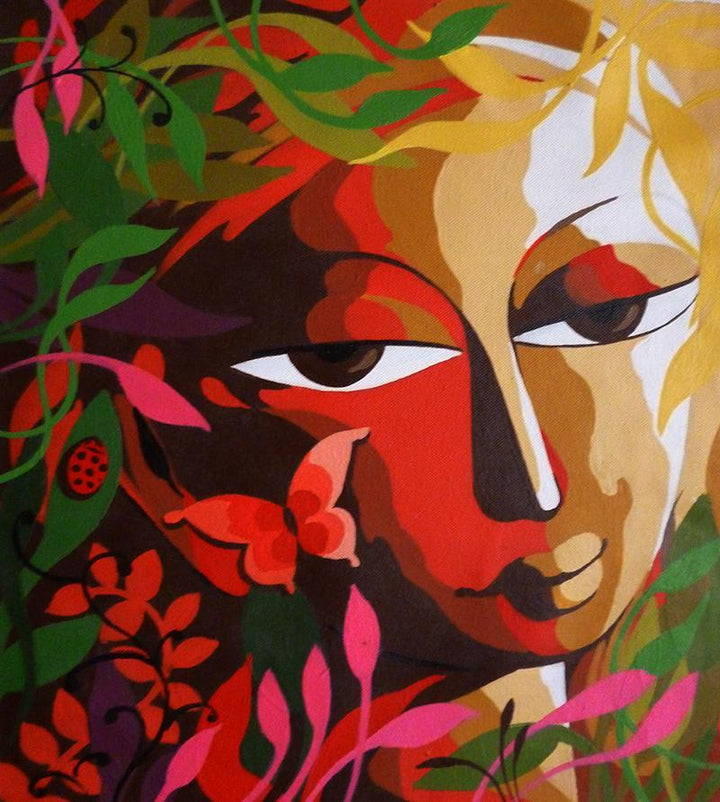 Religious acrylic painting titled 'Krishna III', 15x13 inches, by artist Dhananjay Mukherjee on Canvas