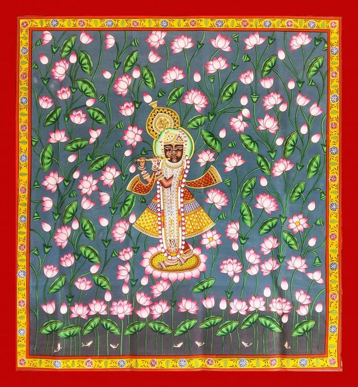 Religious pichwai traditional art titled 'Krishna In Kamal Talai', 48x48 inches, by artist Unknown on Cloth