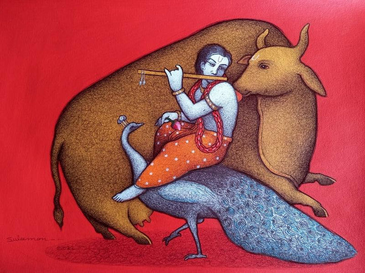 Religious mixed media painting titled 'Krishna In Red Does', 8x12 inches, by artist Mohammed Suleman on Canson Paper