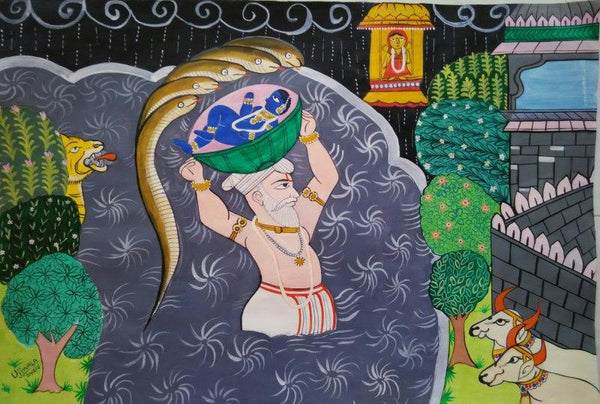 Folk Art acrylic painting titled 'Krishna Janma', 14x21 inches, by artist Ujwala Chavan on Paper