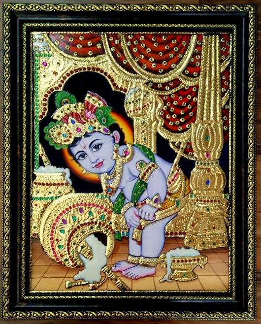 Religious tanjore traditional art titled 'Krishna Laddu Gopal Makhan Tanjore Art', 20x16 inches, by artist VANI VIJAY on Plywood