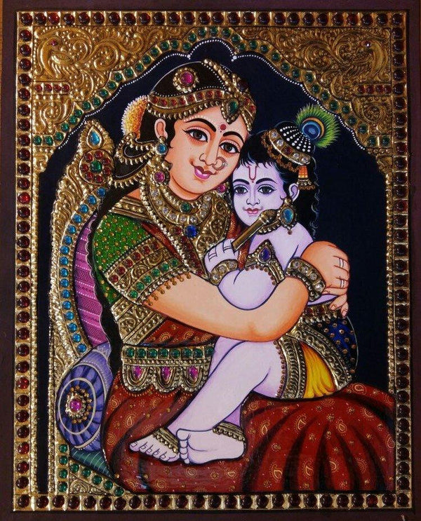 Religious tanjore traditional art titled 'Krishna Laddu Gopal with Yashoda', 24x18 inches, by artist VANI VIJAY on Plywood