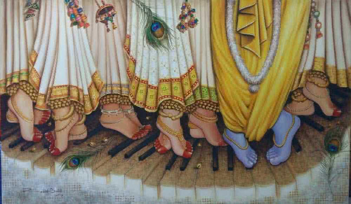 Religious oil painting titled 'Krishna Leela', 36x60 inches, by artist Rakhi Baid on Canvas