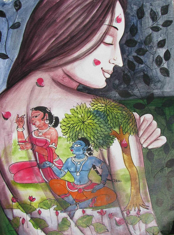 Folk Art acrylic painting titled 'Krishna Leela I', 24x18 inches, by artist Pradeep Swain on Canvas