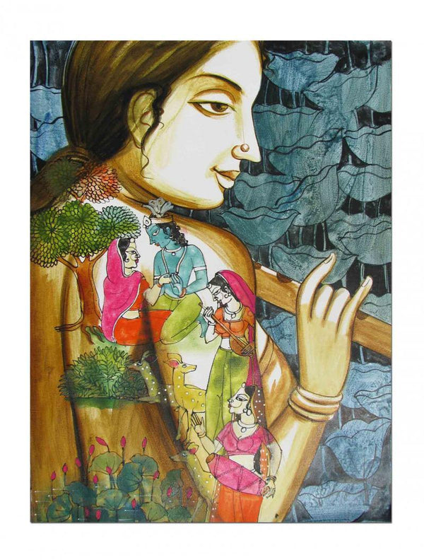 Folk Art acrylic painting titled 'Krishna Leela II', 24x18 inches, by artist Pradeep Swain on Canvas