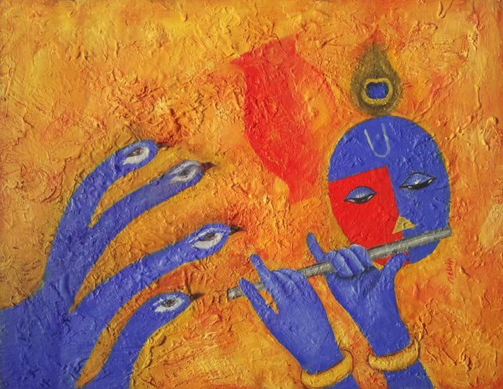 Religious oil painting titled 'Krishna Love 2', 24x19 inches, by artist Chetan Katigar on Canvas