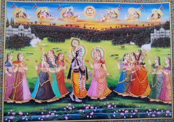 Religious tribal painting titled 'Krishna meets Radha', 48x72 inches, by artist Rajendra Khanna on Cloth