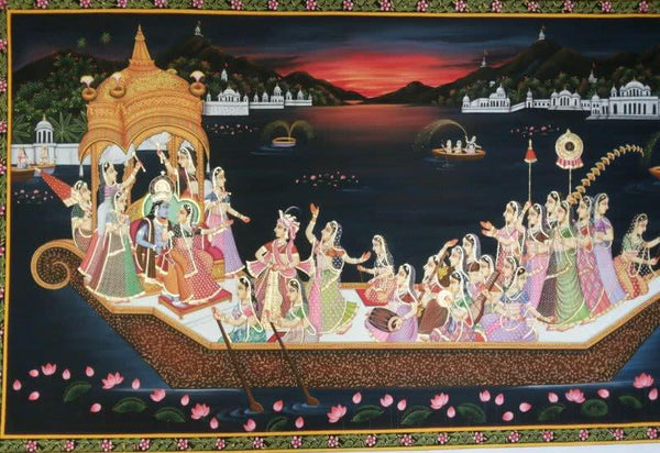 Religious tribal painting titled 'Krishna Nauka Vihar', 36x60 inches, by artist Rajendra Khanna on Cloth