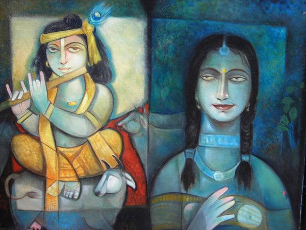 Motivational oil painting titled 'Krishna o Radha', 24x30 inches, by artist Arun Samadder on Canvas