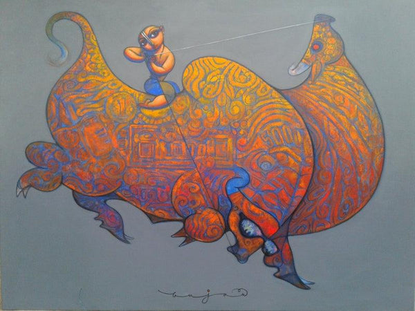 Religious acrylic painting titled 'Krishna On Bull', 52x62 inches, by artist Ramesh Gujar on Canvas