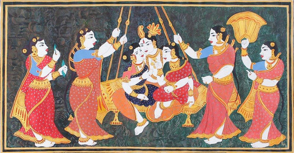 Figurative mixed media painting titled 'Krishna on swing with gopis', 12x24 inches, by artist Radhika Ulluru on Paper