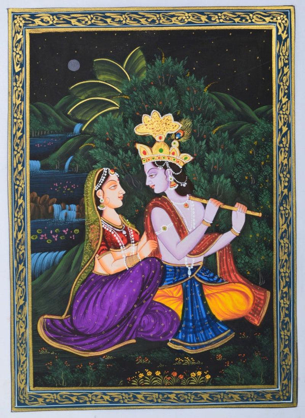 Religious miniature traditional art titled 'Krishna Playing Baansuri For Radhaji', 11x8 inches, by artist Unknown on Silk