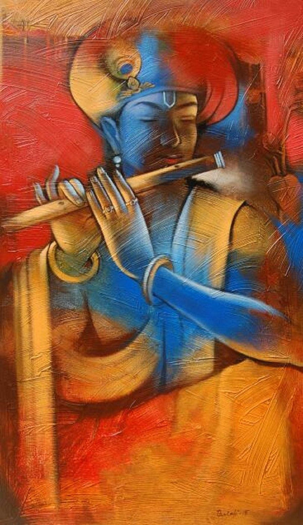 Religious acrylic painting titled 'Krishna Playing Flute 1', 35x24 inches, by artist Balaji Ubale on Canvas