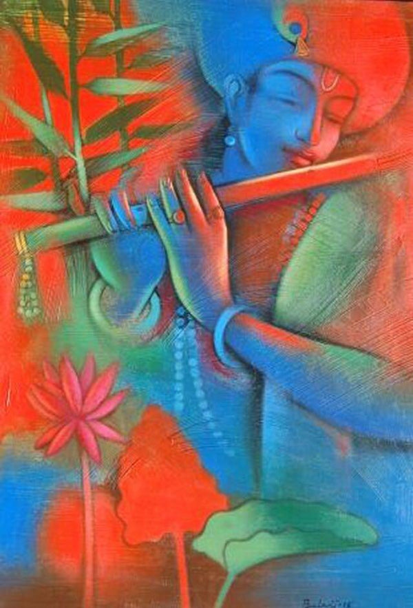 Religious acrylic painting titled 'Krishna Playing Flute 2', 30x24 inches, by artist Balaji Ubale on Canvas