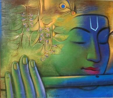 Religious acrylic painting titled 'Krishna Playing Flute 3', 35x42 inches, by artist Balaji Ubale on Canvas