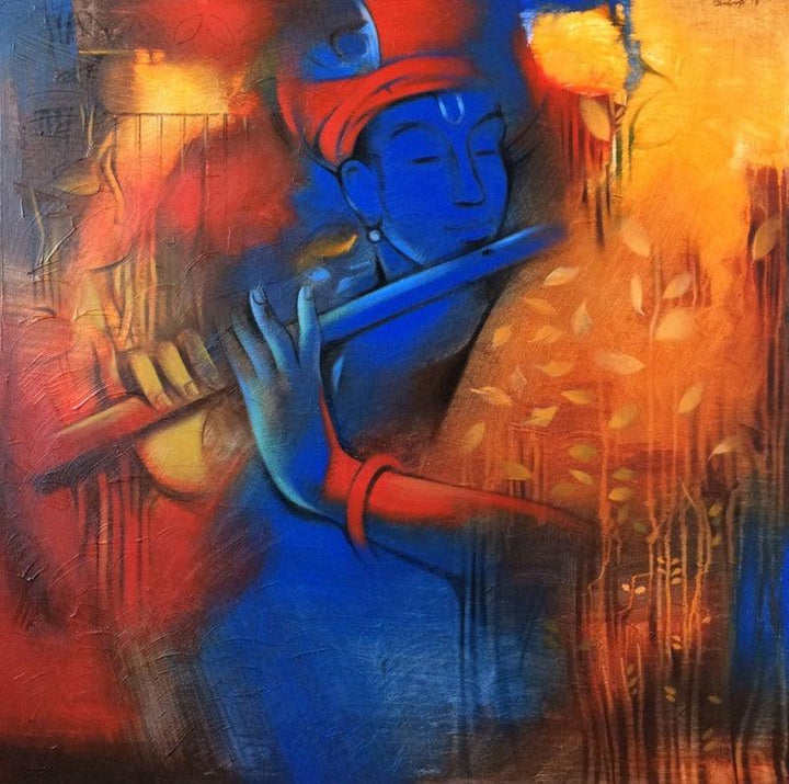 Religious acrylic painting titled 'Krishna Playing Flute 5', 36x36 inches, by artist Balaji Ubale on Canvas