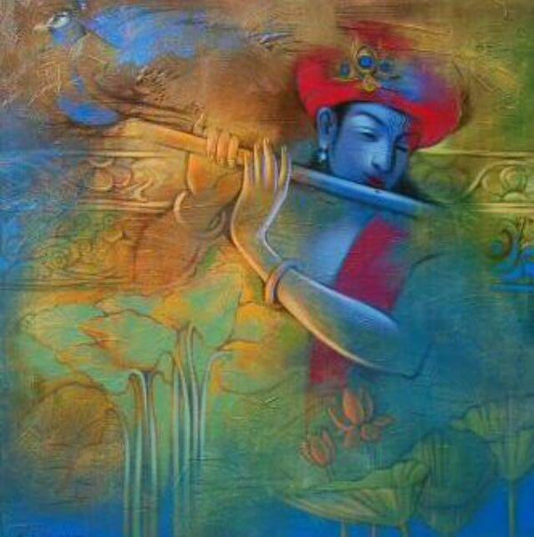 Religious acrylic painting titled 'Krishna Playing Flute 7', 36x36 inches, by artist Balaji Ubale on Canvas