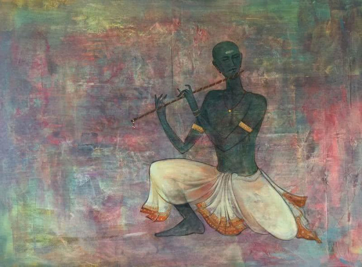 Figurative mixed media painting titled 'Krishna Playing Flute', 36x48 inches, by artist Durshit Bhaskar on Canvas