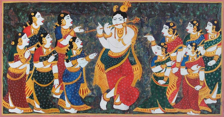 Figurative mixed media painting titled 'Krishna playing flute for Gopis', 12x24 inches, by artist Radhika Ulluru on Paper