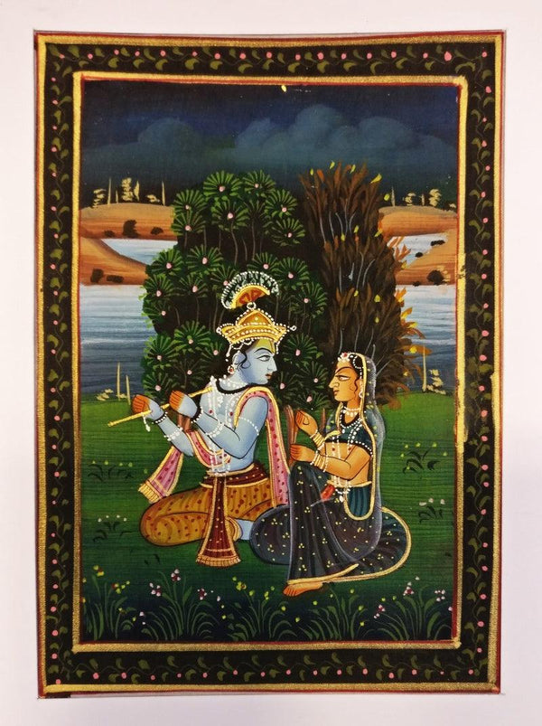 Religious miniature traditional art titled 'Krishna Playing Flute For Radha', 15x11 inches, by artist Unknown on Silk