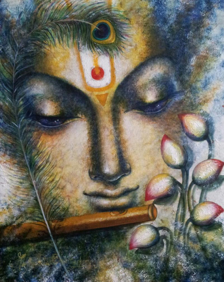 Religious acrylic painting titled 'Krishna Playing Flute I', 30x24 inches, by artist Madhumita Bhattacharya on Canvas