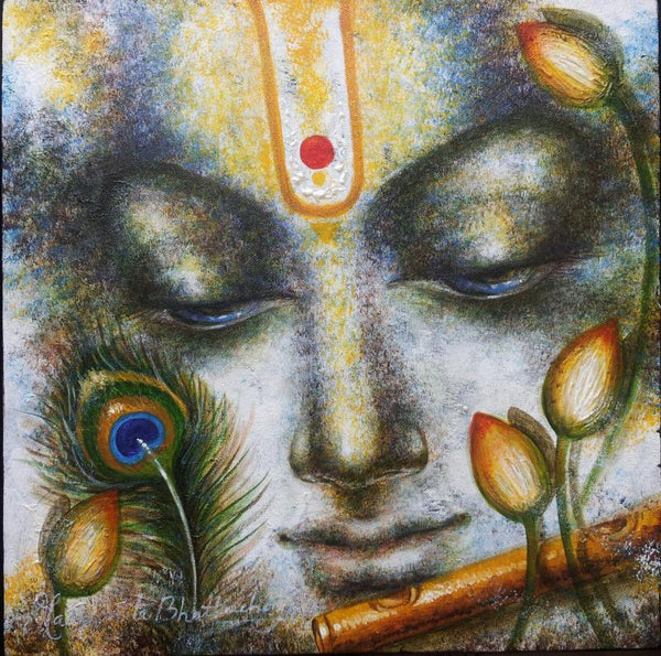 Religious acrylic painting titled 'Krishna Playing Flute II', 16x16 inches, by artist Madhumita Bhattacharya on Canvas