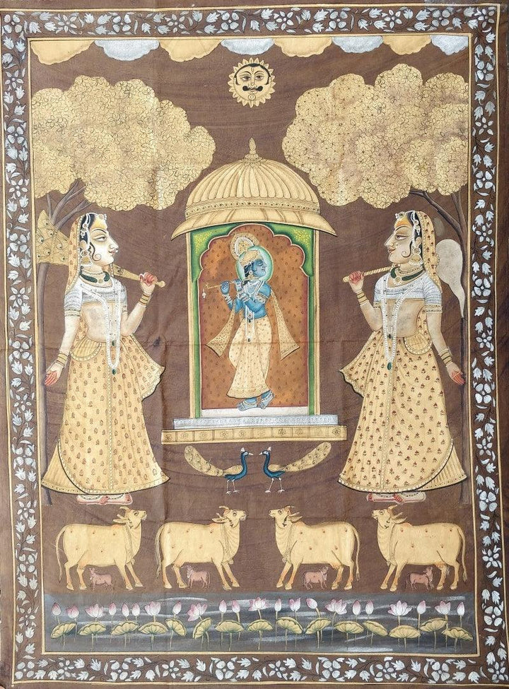 Religious pichwai traditional art titled 'Krishna Playing Flute Pichwai', 47x35 inches, by artist Pichwai Art on Cloth