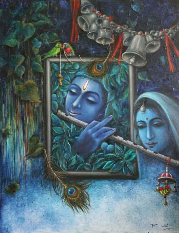 Religious mixed media painting titled 'Krishna Playing Flute With Radha', 45x35 inches, by artist Rakhi Baid on Canvas