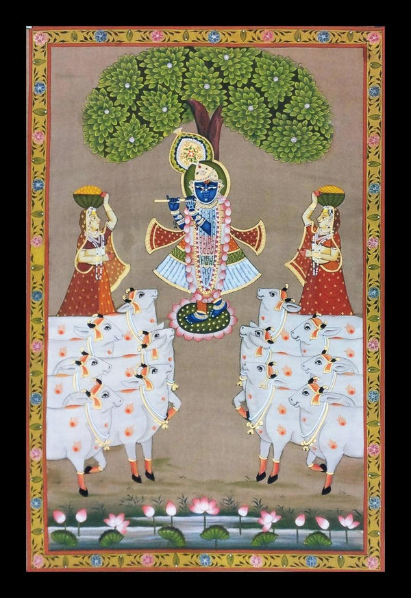 Religious pichwai traditional art titled 'Krishna Playing His Flute Under The Tree', 36x24 inches, by artist Unknown on Cloth