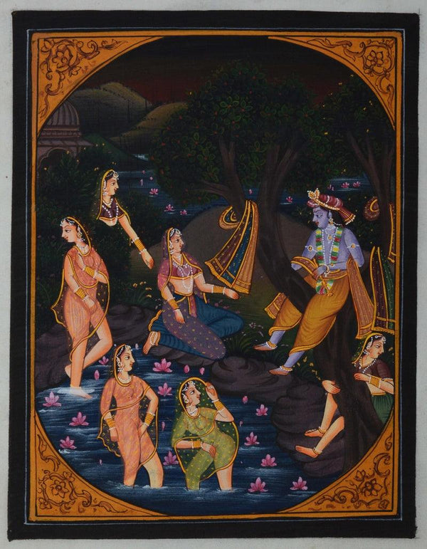 Religious miniature traditional art titled 'Krishna Playing With Gopis In Pond', 9x7 inches, by artist Unknown on Silk