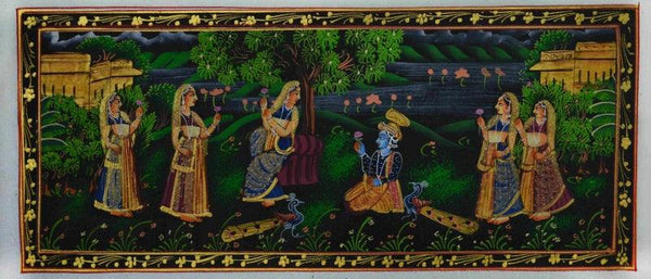 Religious miniature traditional art titled 'Krishna Pleasing Radha', 7x14 inches, by artist Unknown on Silk