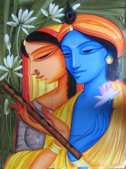 Religious acrylic painting titled 'Krishna Radha 1', 24x18 inches, by artist Pradeep Swain on Canvas