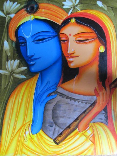 Folk Art acrylic painting titled 'Krishna Radha 2', 24x18 inches, by artist Pradeep Swain on Canvas