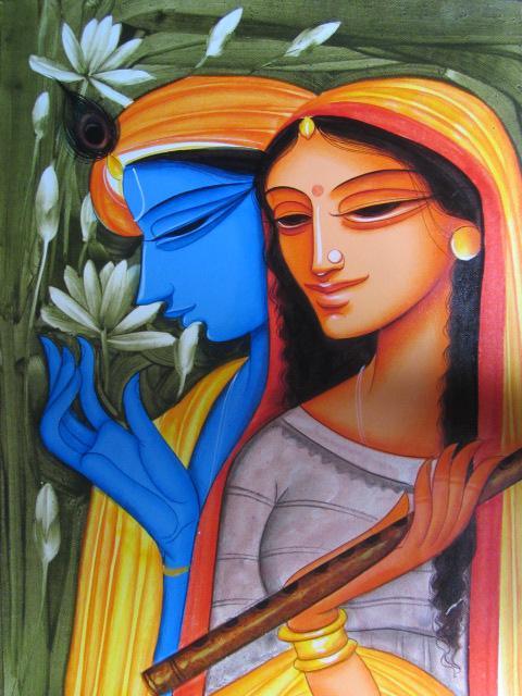 Religious acrylic painting titled 'Krishna Radha 3', 24x18 inches, by artist Pradeep Swain on Canvas