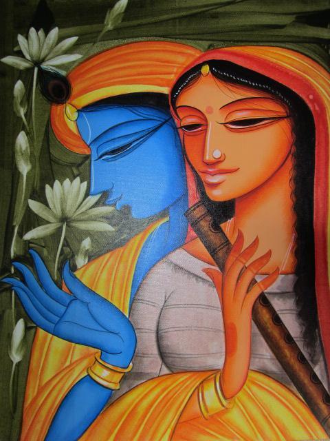 Religious acrylic painting titled 'Krishna Radha 4', 24x18 inches, by artist Pradeep Swain on Canvas