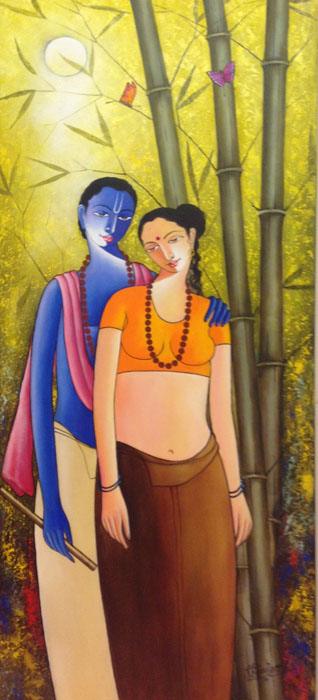 Figurative acrylic painting titled 'Krishna Radha I', 60x24 inches, by artist Shivkumar on Canvas