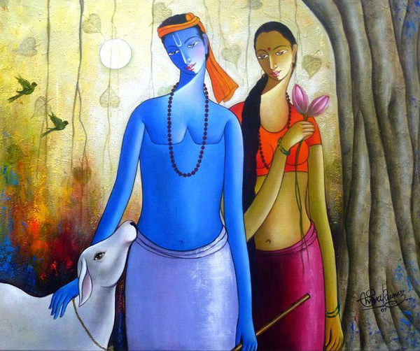 Figurative acrylic painting titled 'Krishna Radha II', 40x48 inches, by artist Shivkumar on Canvas