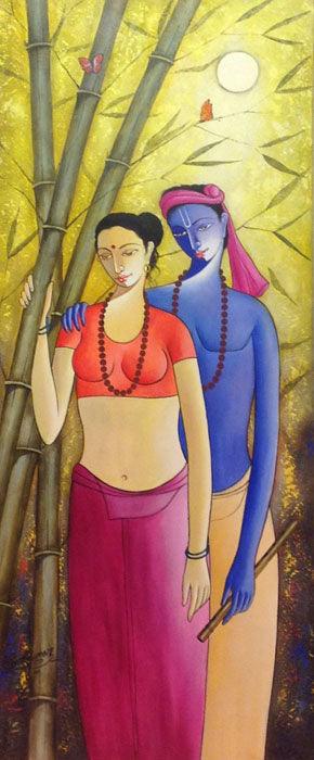 Figurative acrylic painting titled 'Krishna Radha III', 60x24 inches, by artist Shivkumar on Canvas