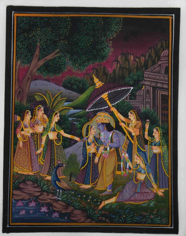 Religious miniature traditional art titled 'Krishna Radha In Conversation', 12x9 inches, by artist Unknown on Silk