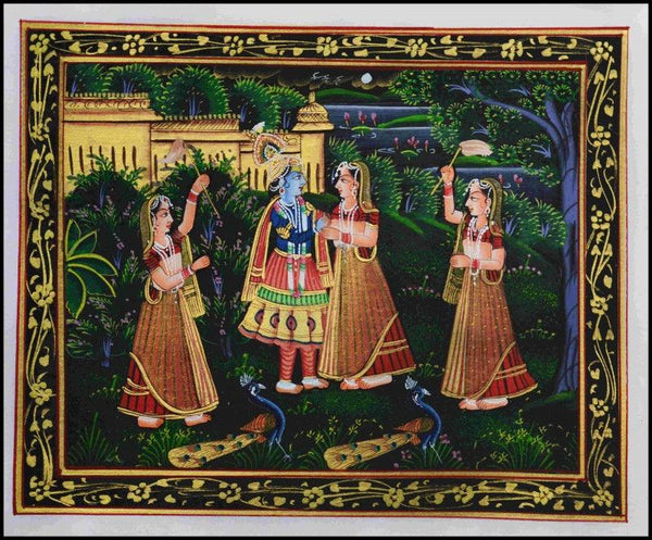 Religious miniature traditional art titled 'Krishna Radha In Conversation With Sevik', 10x12 inches, by artist Unknown on Silk