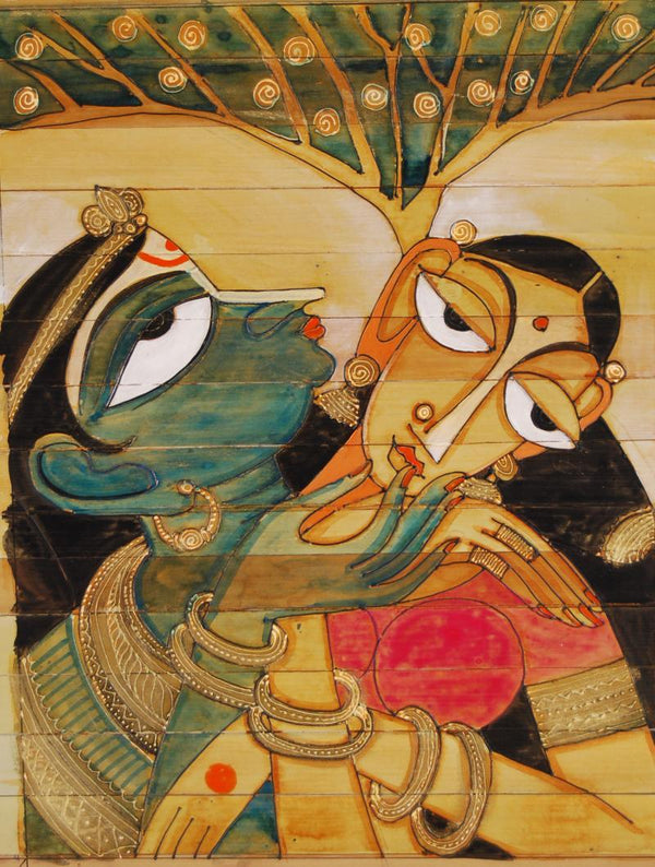 Folk Art acrylic painting titled 'Krishna Radha Love I', 14x18 inches, by artist Pradeep Swain on Leaf