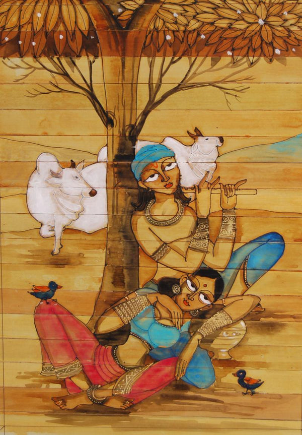 Folk Art acrylic painting titled 'Krishna Radha Love II', 14x18 inches, by artist Pradeep Swain on Leaf