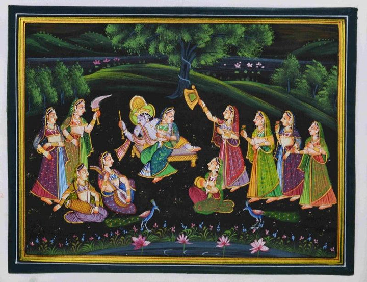 Religious miniature traditional art titled 'Krishna Radha Moments', 9x12 inches, by artist Unknown on Silk