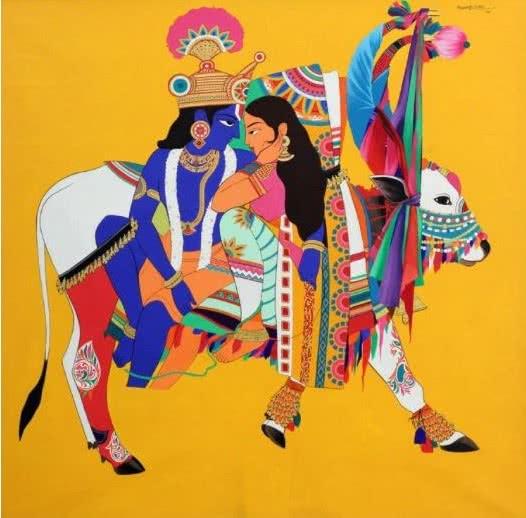 Figurative acrylic painting titled 'Krishna Radha On Cow', 42x42 inches, by artist Mohammed Osman on Canvas