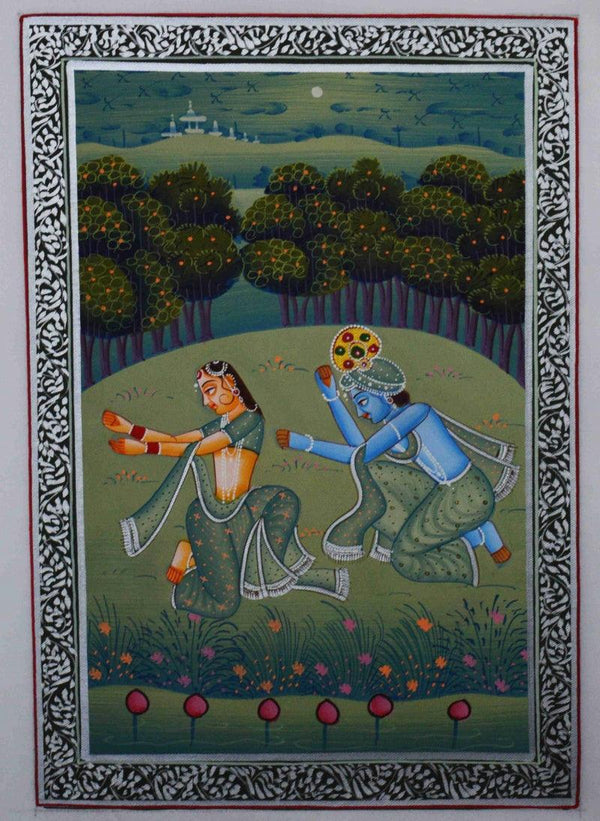 Religious miniature traditional art titled 'Krishna Radha Playful Moments', 9x7 inches, by artist Unknown on Silk