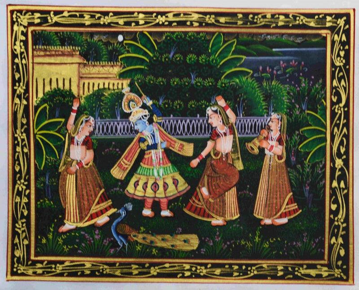 Religious miniature traditional art titled 'Krishna Radha Raas Leela', 10x12 inches, by artist Unknown on Silk