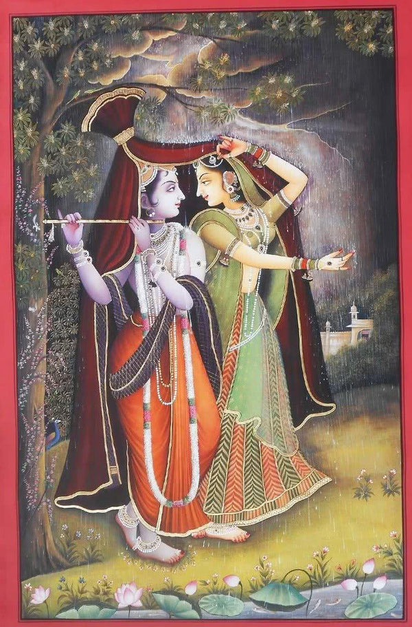 Religious tribal painting titled 'Krishna Radha Rain Leela', 36x24 inches, by artist Rajendra Khanna on Cloth