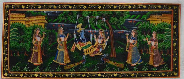 Religious miniature traditional art titled 'Krishna Radha Swinging And Teasing', 7x14 inches, by artist Unknown on Silk