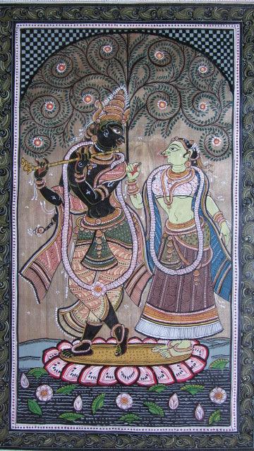 Folk Art fabric painting titled 'Krishna Radha Tasar Cloth Painting I', 12x26 inches, by artist Pradeep Swain on Cloth